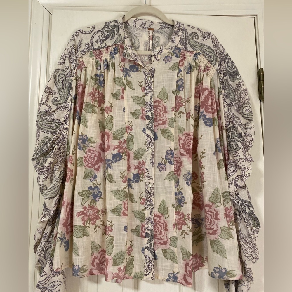 Free People Maraya Floral-Print Puff-Sleeve Blouse in Mauve. Size L - Picture 5 of 7